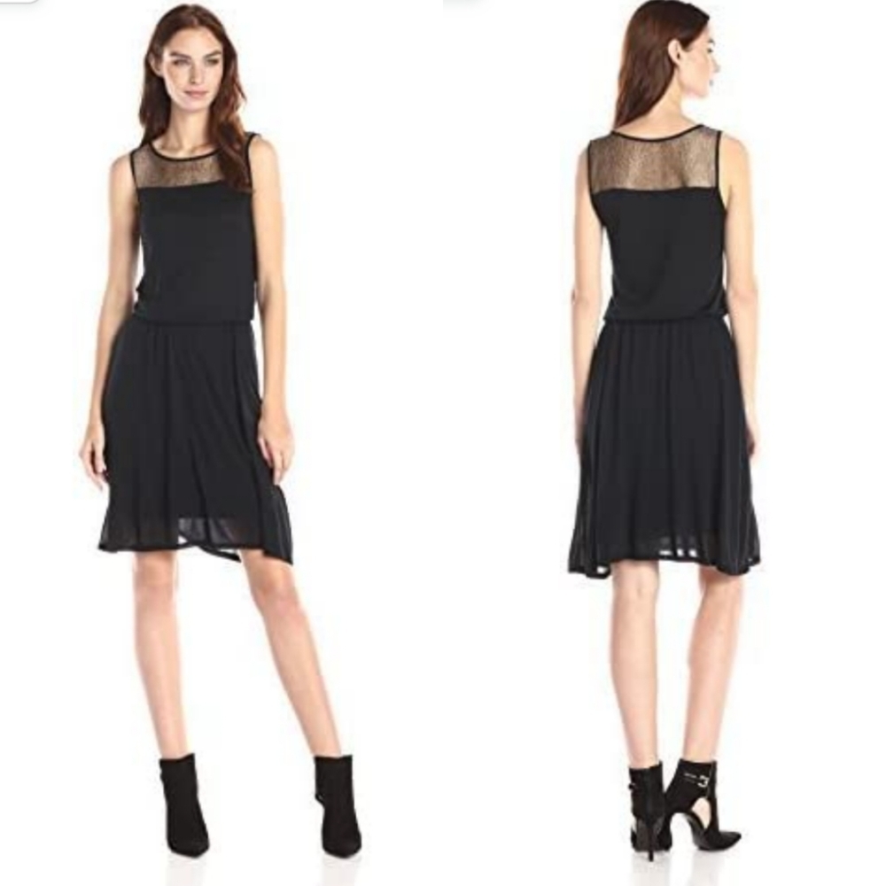 Three Dots Lace Panel Blouson Black Dress Gold Mesh Yoke Sleeveless Size Medium